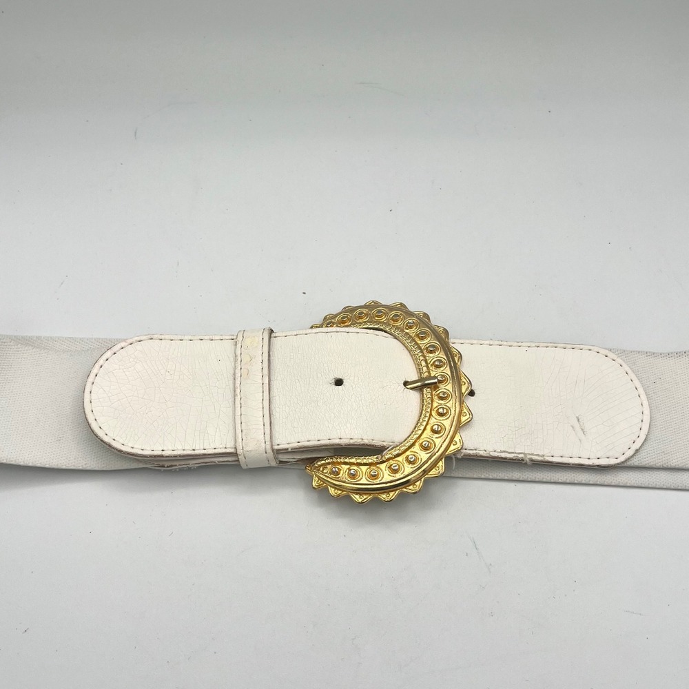 Omega White Elastic Belt Gold Ornate Buckle Style 1468 Medium Vintage 80s USA